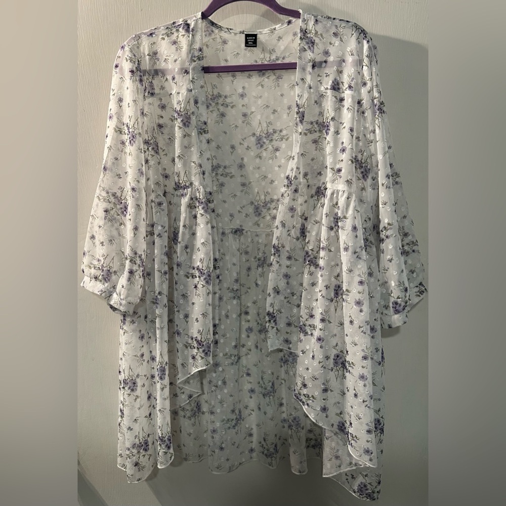 SHEIN White Sheer Floral Kimono with Lavender Accents Size XL